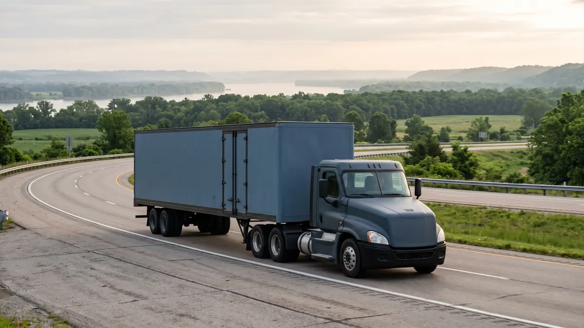 Unmarked semi truck on a ring-road curve above Missouri river bottomland