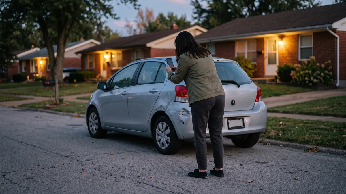 Driver photographing rear-panel damage on a Florissant residential street at dusk